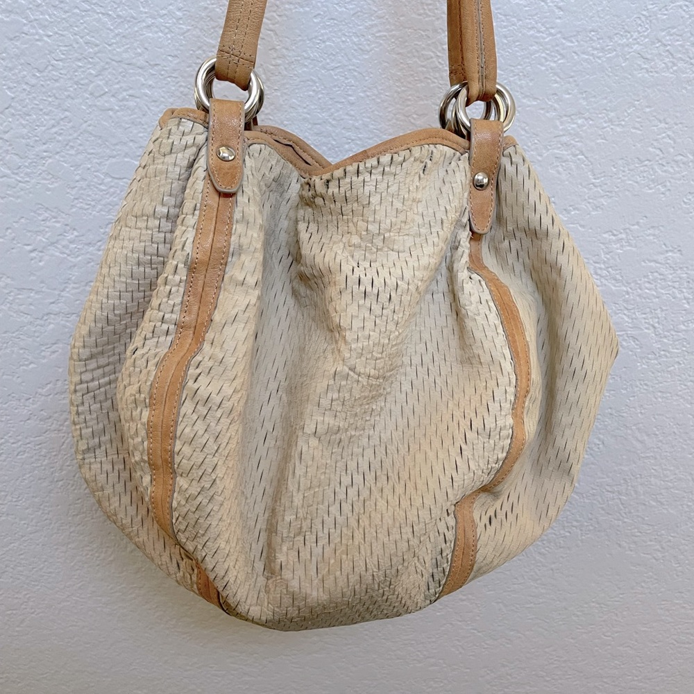 Kooba bucket bag, perforated tan suede with leather trim